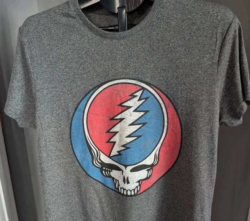 Grateful Dead grey graphic t-shirt featuring Steal Your Face skull and lightning bolt logo.