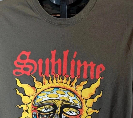 Sublime khaki graphic t-shirt featuring distressed sun artwork and bold red logo print.