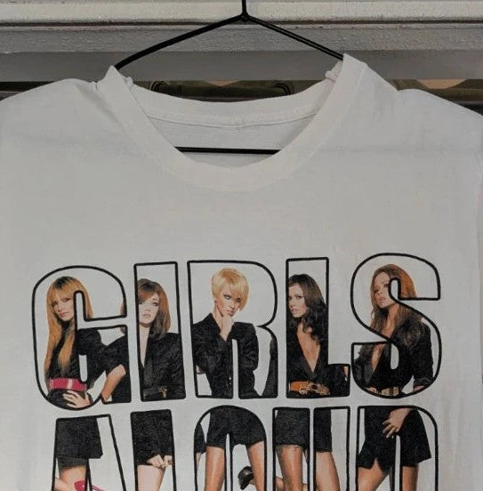 Y2K white pocket t-shirt featuring Girls Aloud band graphic and typography print.