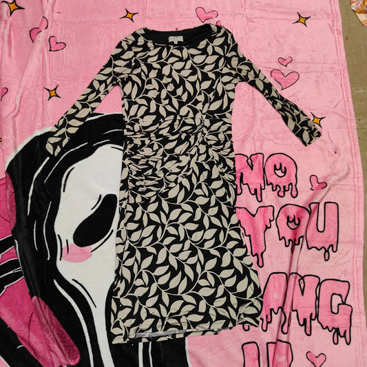 Laura Ashley Black &amp; White Leaf Print Ruched Dress UK 8