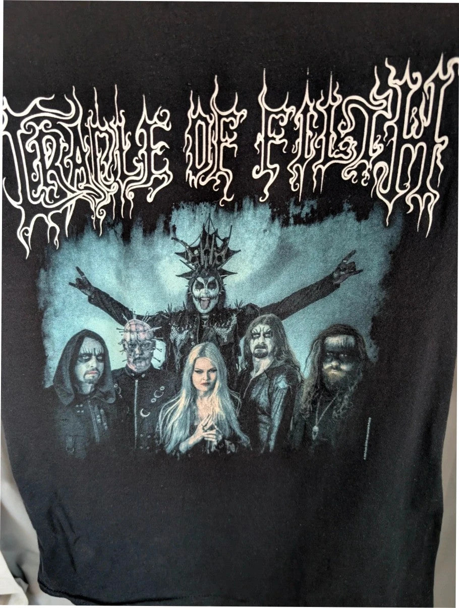 Official Cradle Of Filth black graphic tee featuring band portrait and tour dates on back.