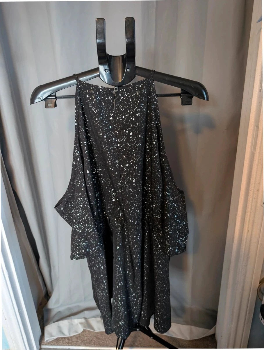 Shein Curve black cold shoulder blouse with silver shimmer, V-neckline and flutter sleeves.