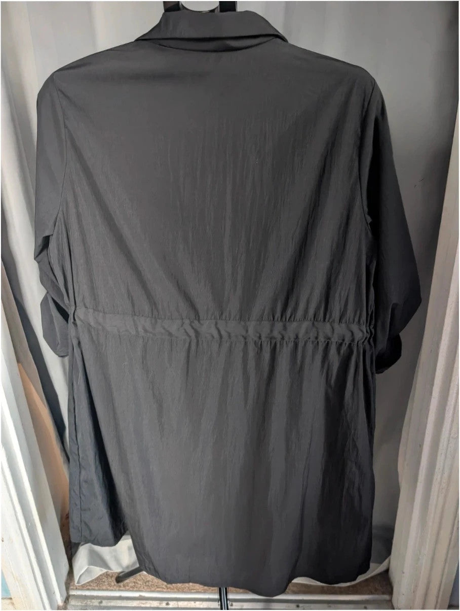 Shein Curve black utility shirt dress with O-ring zip, drawstring waist, and roll-tab sleeves.