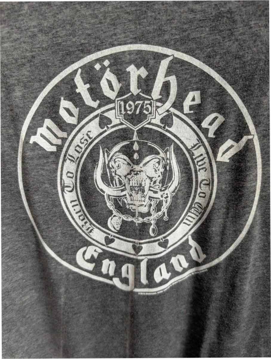 Motörhead grey graphic tee featuring Snaggletooth Warpig emblem and circular print.