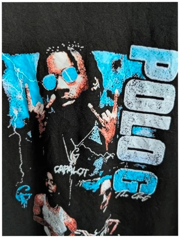 Unbranded black graphic vest featuring vibrant blue Polo G portrait print and classic crew neck.
