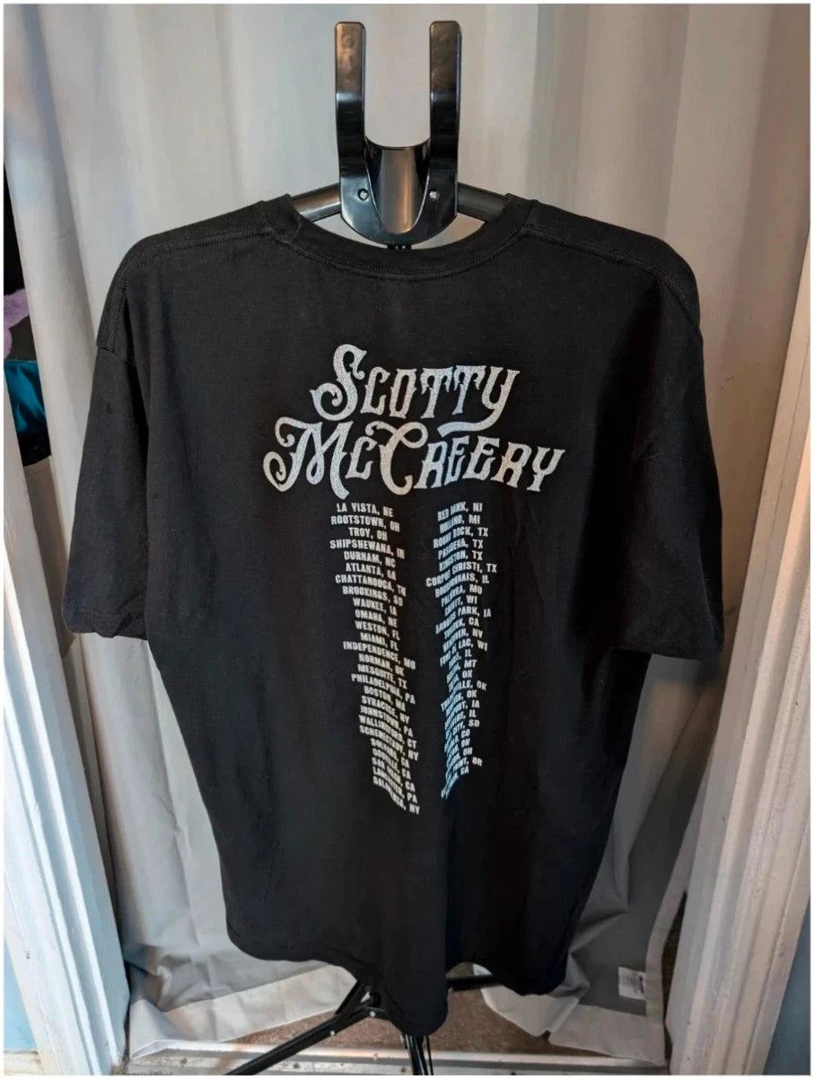Scotty McCreery black graphic tee featuring retro artwork and US tour dates on back.