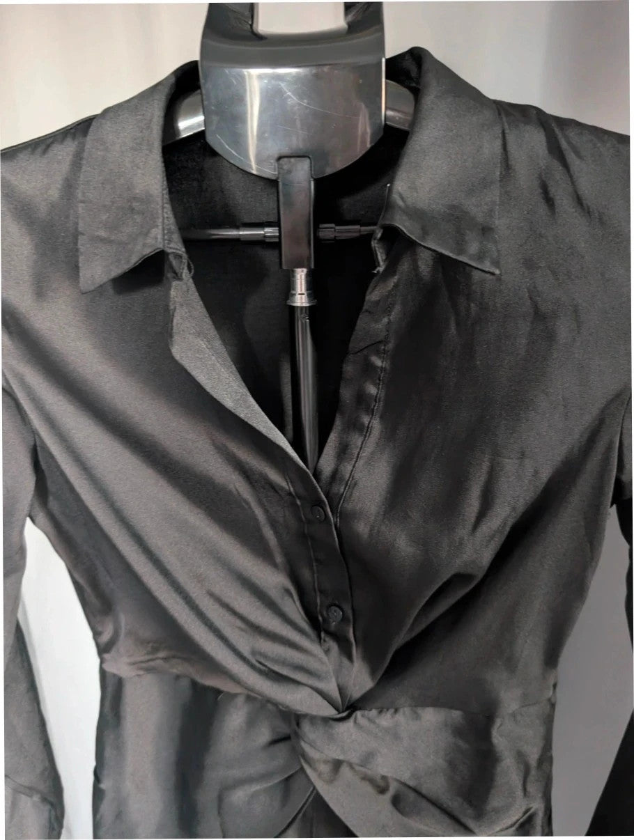 Stradivarius black satin pencil dress with twist front, collared V-neck, and long sleeves.