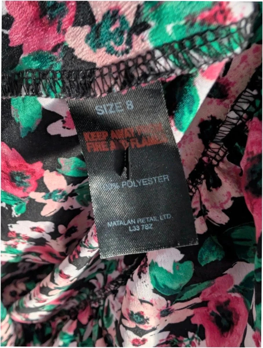 Papaya multi floral mini dress with ruffle shoulders, tiered hem, and keyhole back.