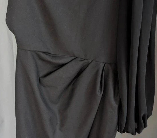 Boohoo black one shoulder mini dress with balloon sleeve and gathered wrap detail.
