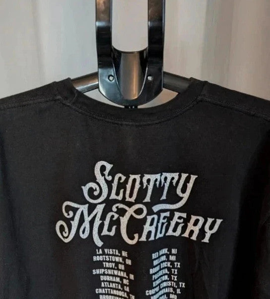 Scotty McCreery black graphic tee featuring retro artwork and US tour dates on back.