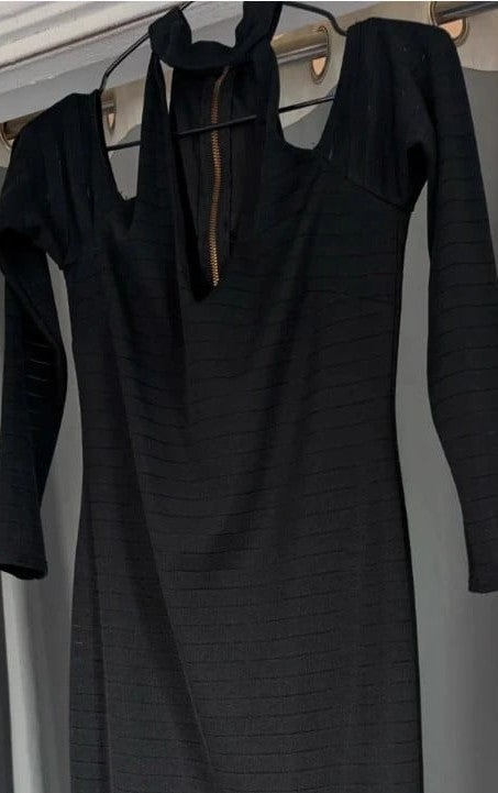 Miss Selfridge black bandage midi dress with cold shoulder cut-outs and gold zip detail.