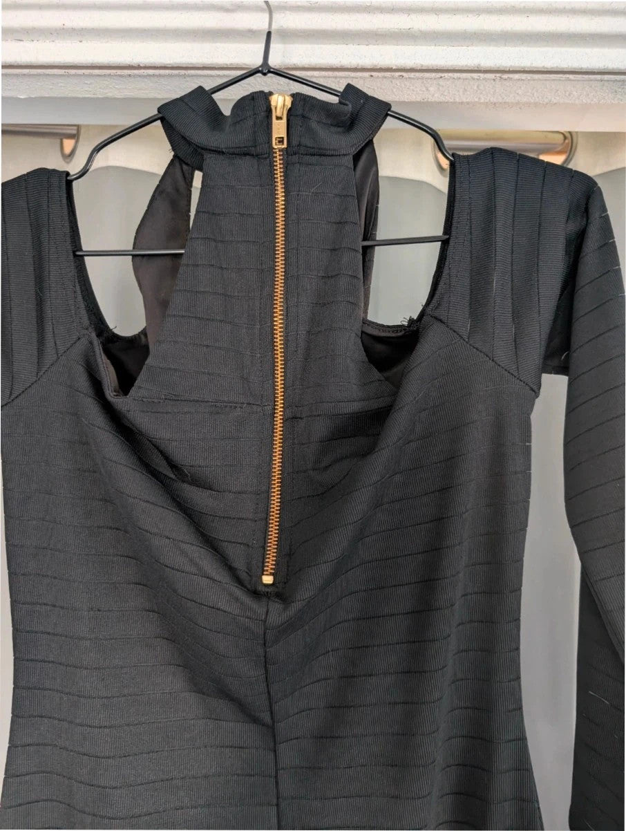 Miss Selfridge black bandage midi dress with cold shoulder cut-outs and gold zip detail.