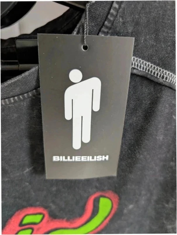 Billie Eilish acid wash pocket t-shirt black with neon green and red graphic design.