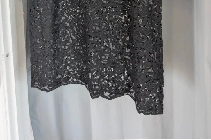 Monsoon black sheer floral lace mini dress with 3/4 sleeves and scoop neckline.