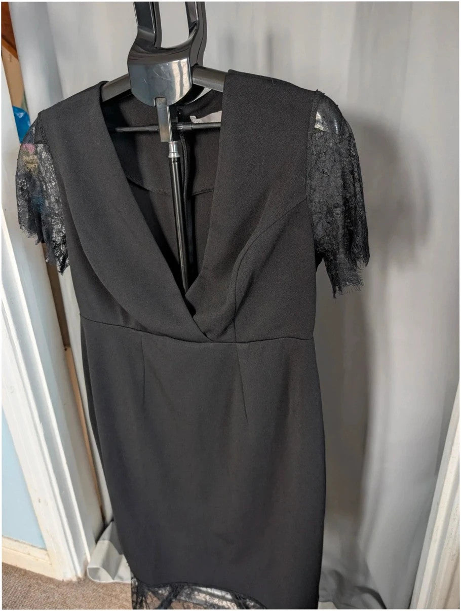 ASOS black bodycon midi dress with plunge neckline and eyelash lace trim details.