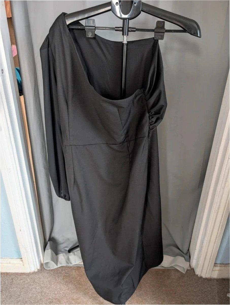Boohoo black one shoulder mini dress with balloon sleeve and gathered wrap detail.