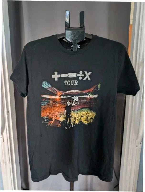 Ed Sheeran black graphic t-shirt with vibrant Mathematics tour print and back dates.
