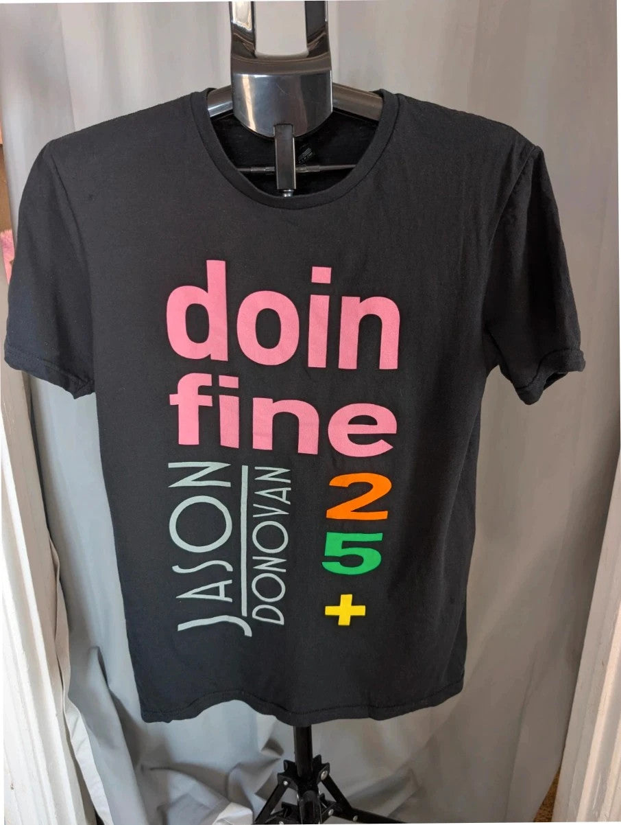 Official Jason Donovan black graphic t-shirt featuring Doin' Fine 25+ tour print and concert dates.
