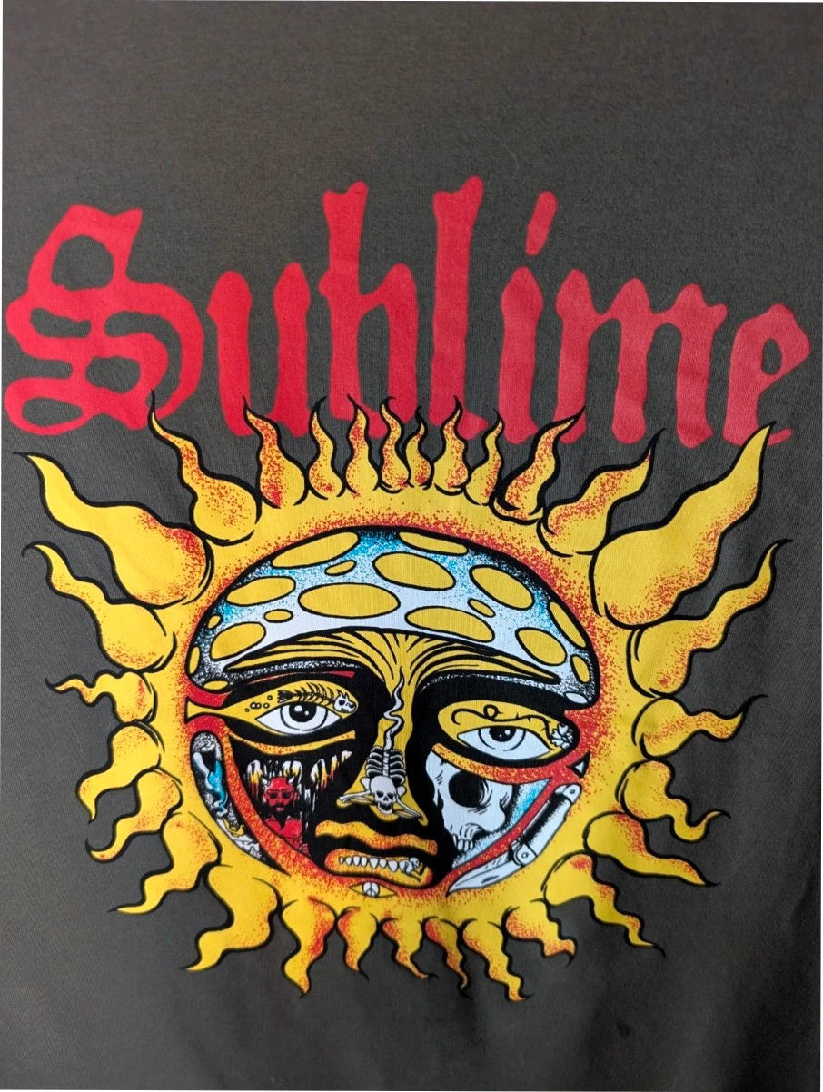 Sublime khaki graphic t-shirt featuring distressed sun artwork and bold red logo print.