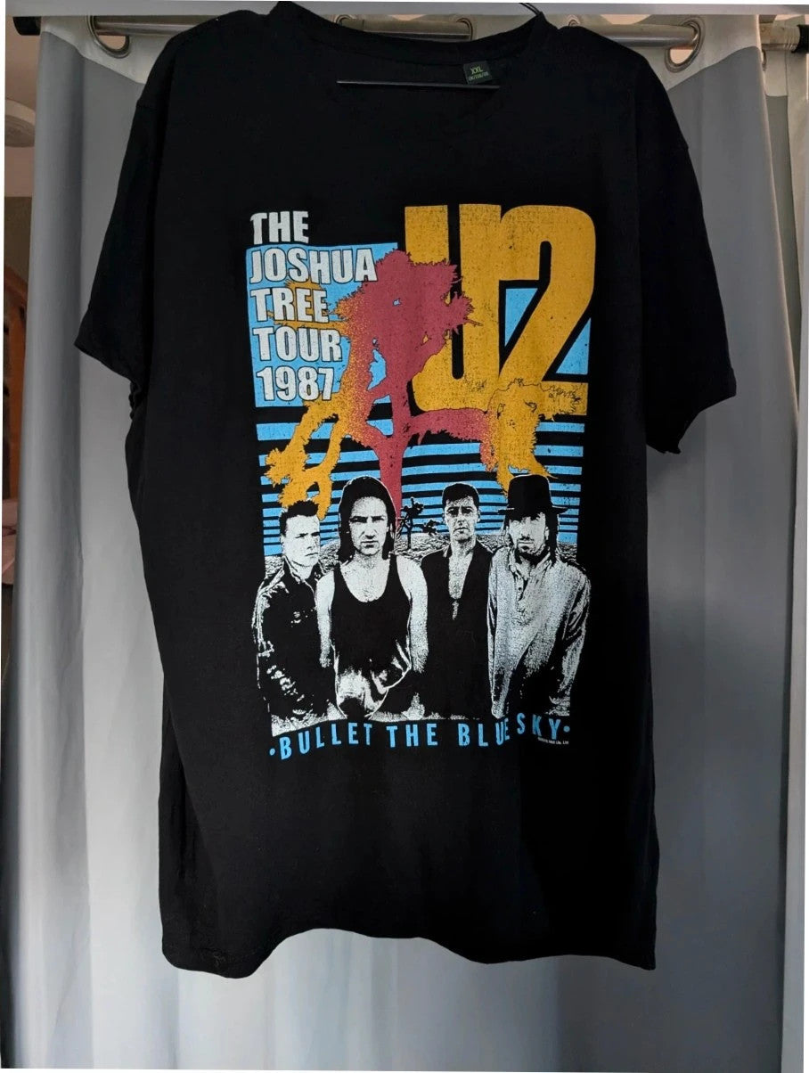 U2 black graphic tee featuring Bullet The Blue Sky artwork, 100% cotton, size XXL.