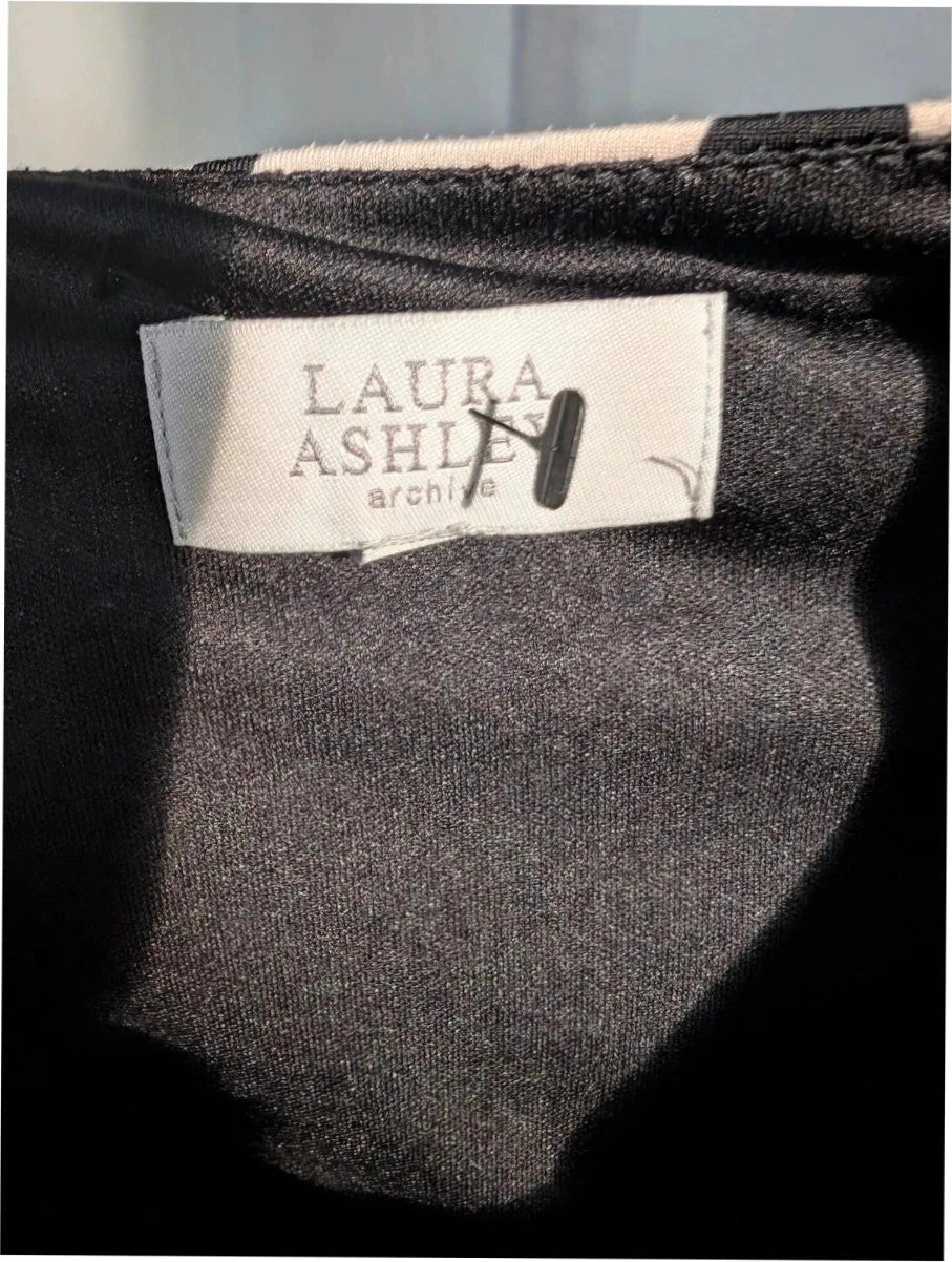 Laura Ashley midi dress black white leaf print, ruched waist, 3/4 sleeves, smooth jersey.