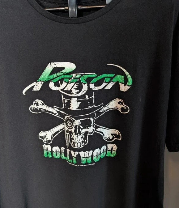 Poison black graphic tee featuring skull and crossbones logo with "Hollywood" print.