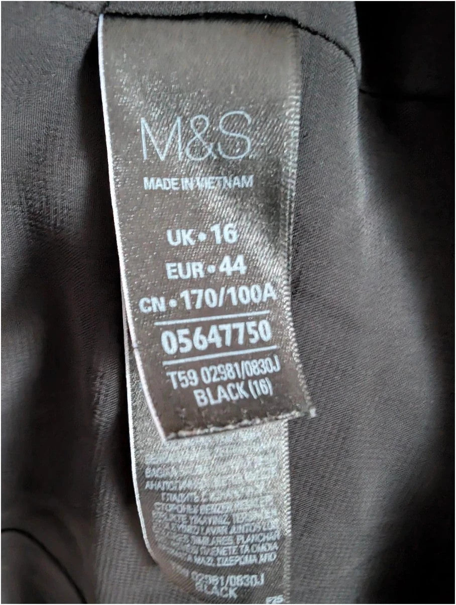 Marks & Spencer black blazer jacket with ruched sleeves and collarless design.