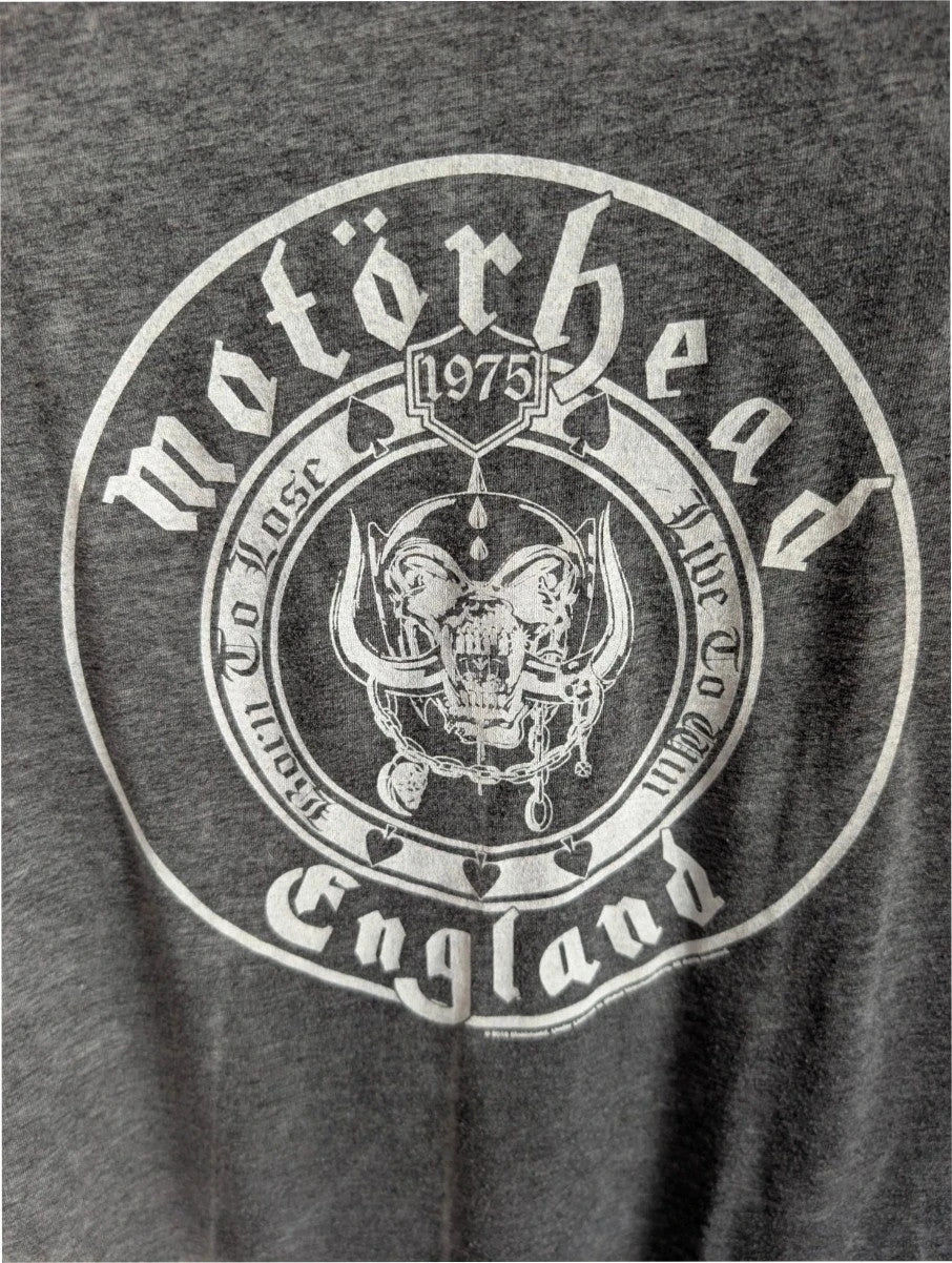 Motörhead grey graphic tee featuring Snaggletooth Warpig emblem and circular print.