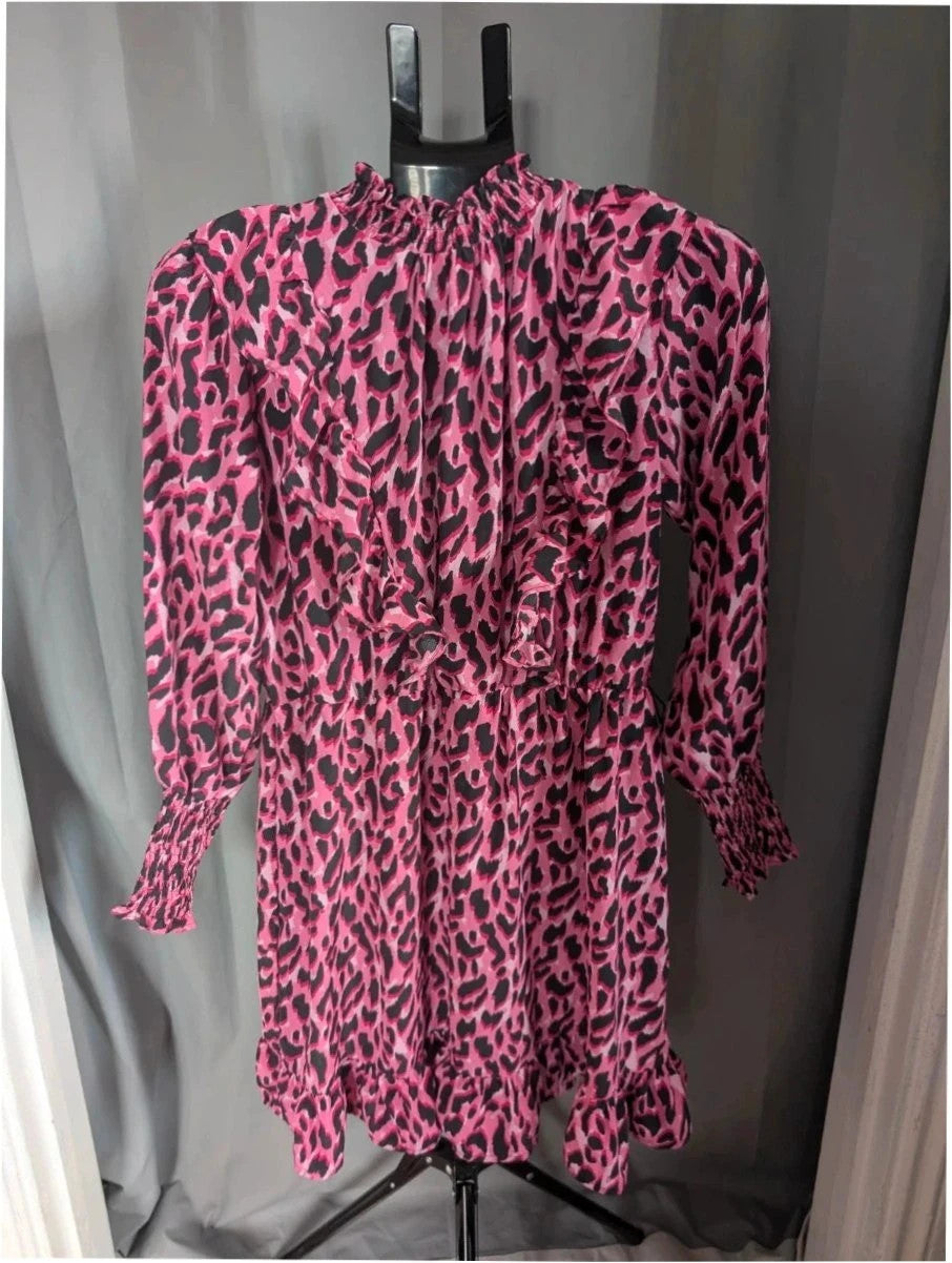 Savida pink and black leopard print mini dress with ruffle details and frill neckline.