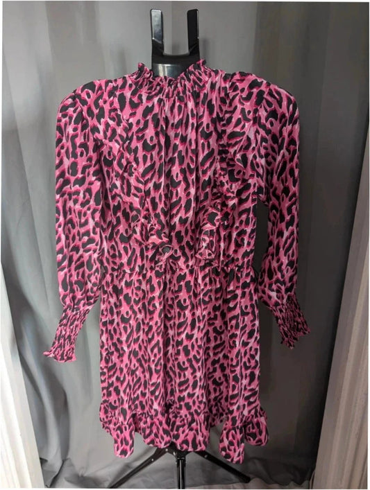 Savida pink and black leopard print mini dress with ruffle details and frill neckline.