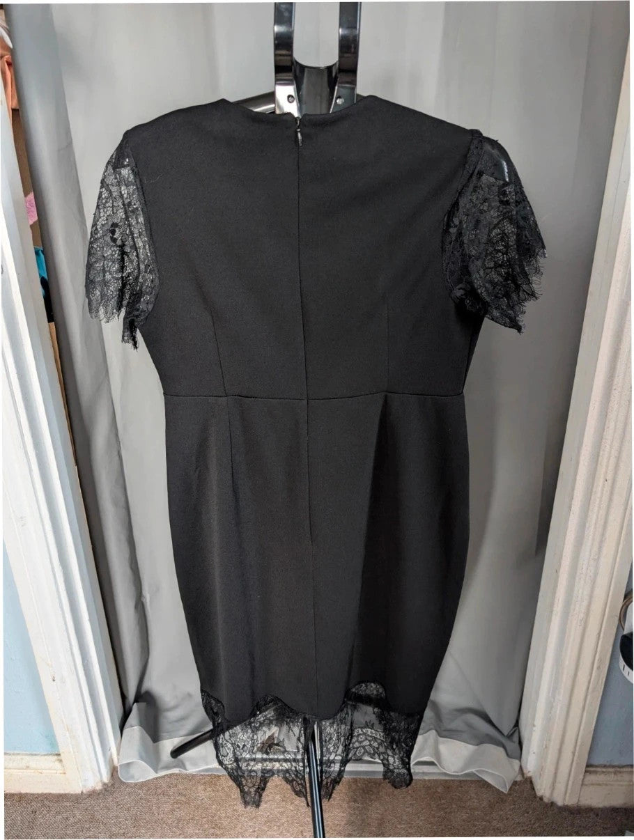 ASOS black bodycon midi dress with plunge neckline and eyelash lace trim details.