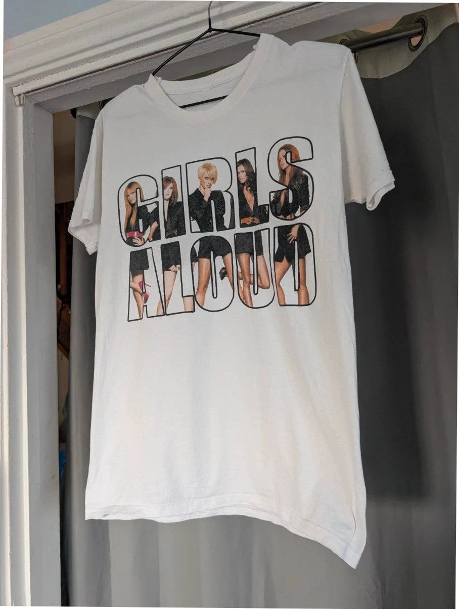 Y2K white pocket t-shirt featuring Girls Aloud band graphic and typography print.