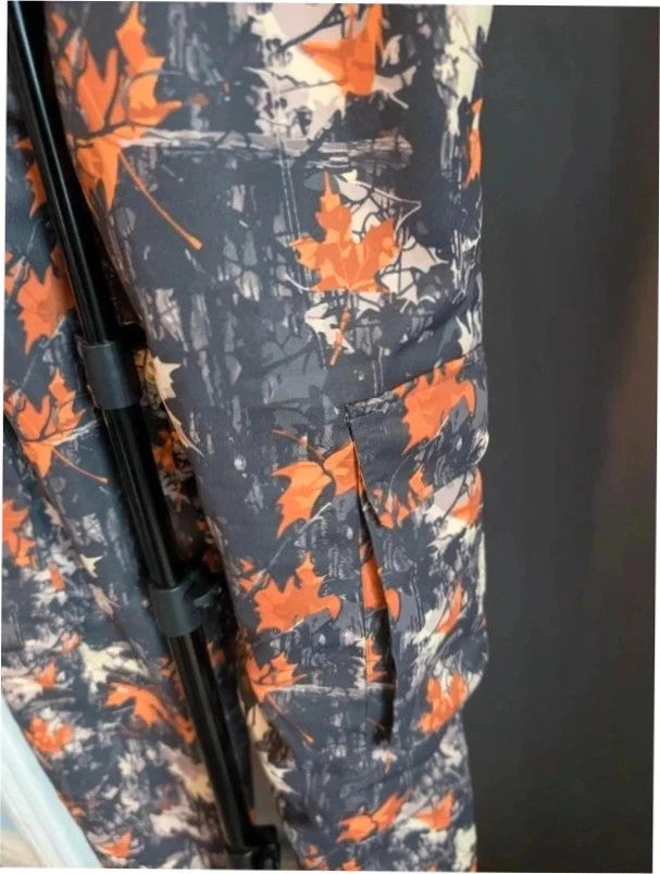 Crafted grey orange leaf camo cargo trousers with multiple pockets and elastic waistband.