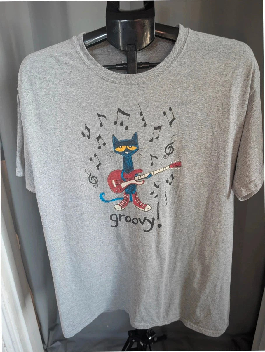 Cat & Jack grey graphic tee featuring Pete the Cat playing guitar with musical notes.