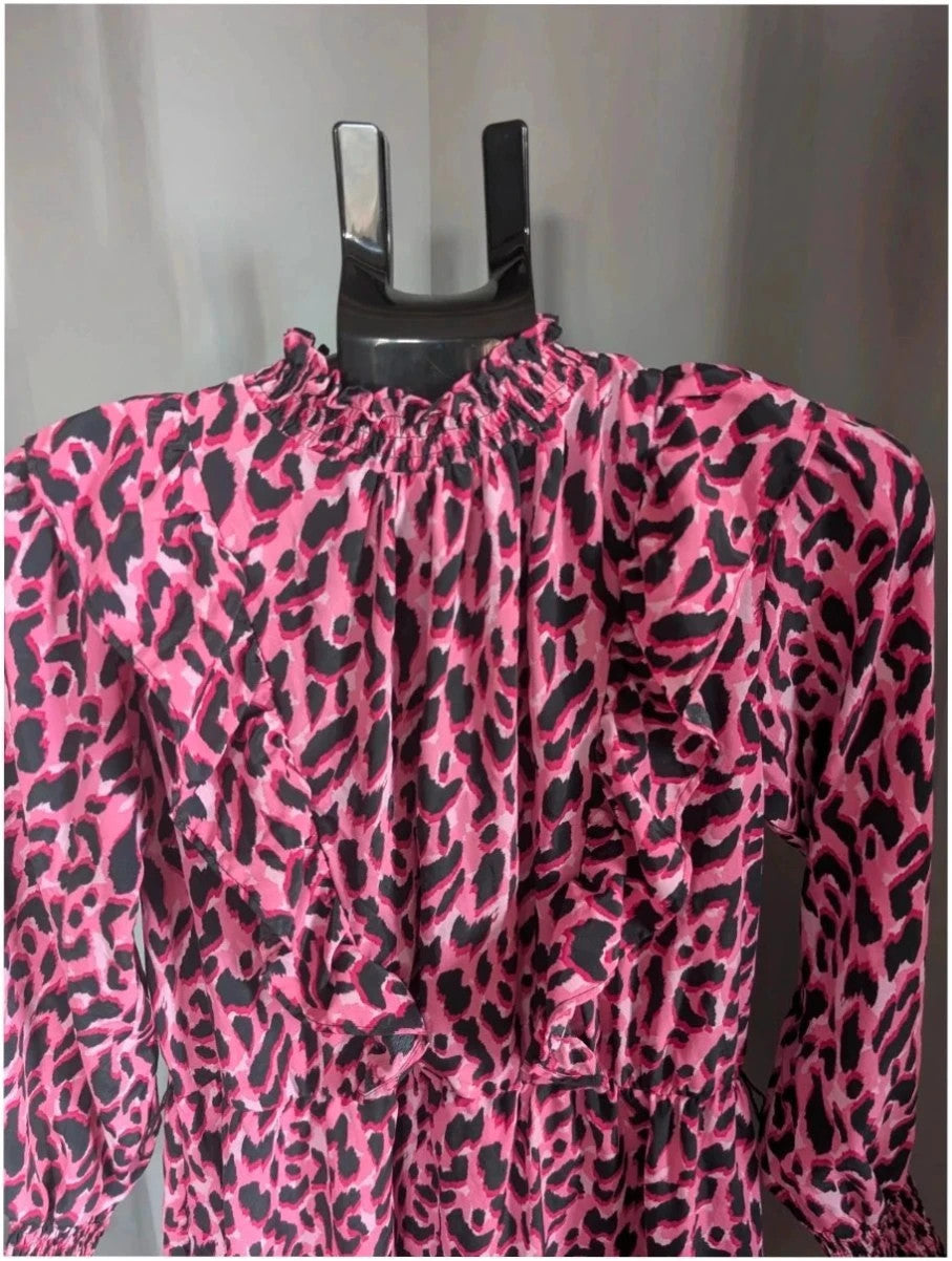 Savida pink and black leopard print mini dress with ruffle details and frill neckline.