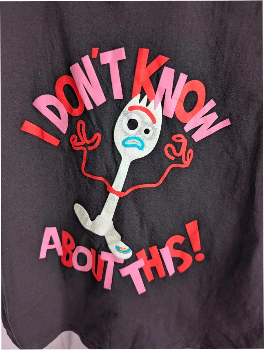 Disney black pocket t-shirt featuring Forky graphic and "I Don't Know About This!" text.