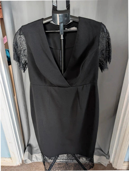 ASOS black bodycon midi dress with plunge neckline and eyelash lace trim details.