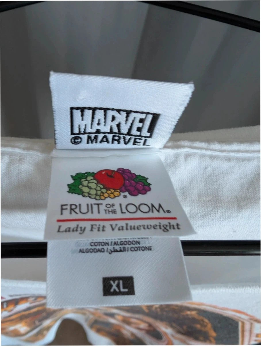 Marvel white graphic tee featuring Black Panther, Iron Man, and Captain America prints.