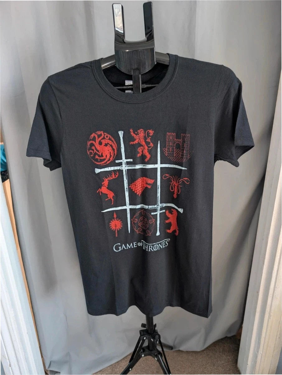 Game Of Thrones graphic tee black with red house sigils and crossing swords print.