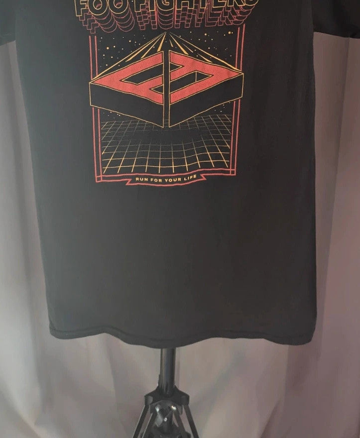 Gildan black pocket t-shirt with Foo Fighters "Run For Your Life" graphic and vibrant colors.