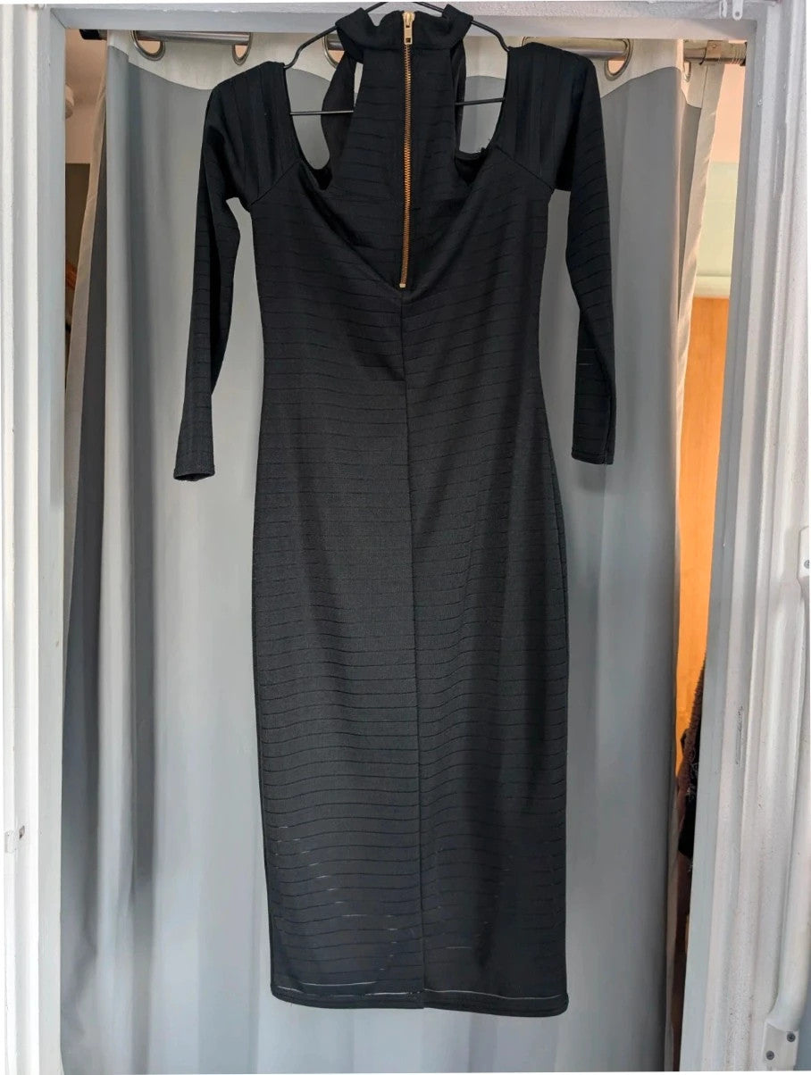 Miss Selfridge black bandage midi dress with cold shoulder cut-outs and gold zip detail.