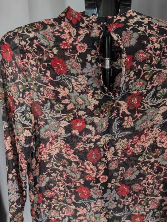 Zara black floral chiffon tunic blouse with tiered ruffle bib and crochet lace details.