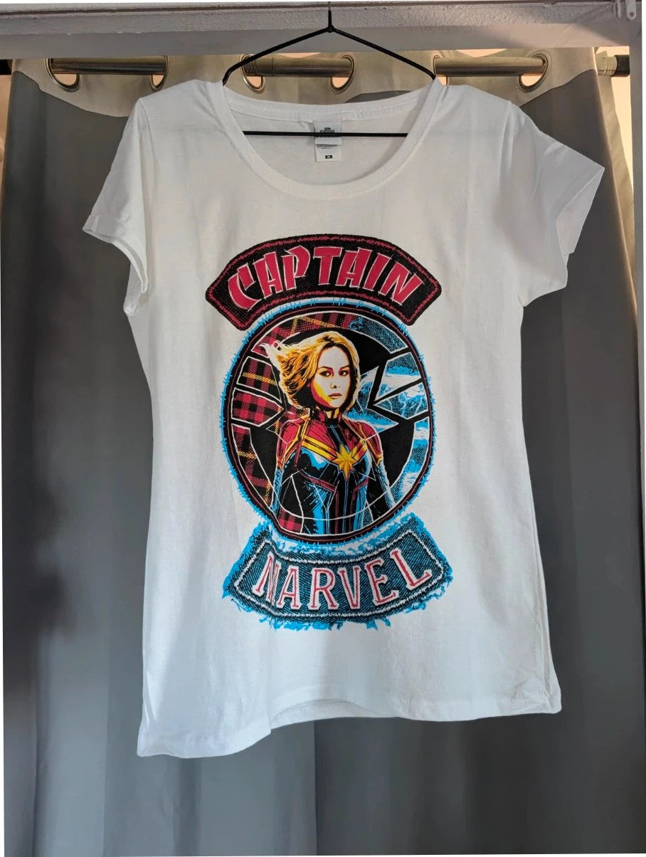 Marvel white graphic t-shirt featuring Captain Marvel print and retro patch-style lettering.