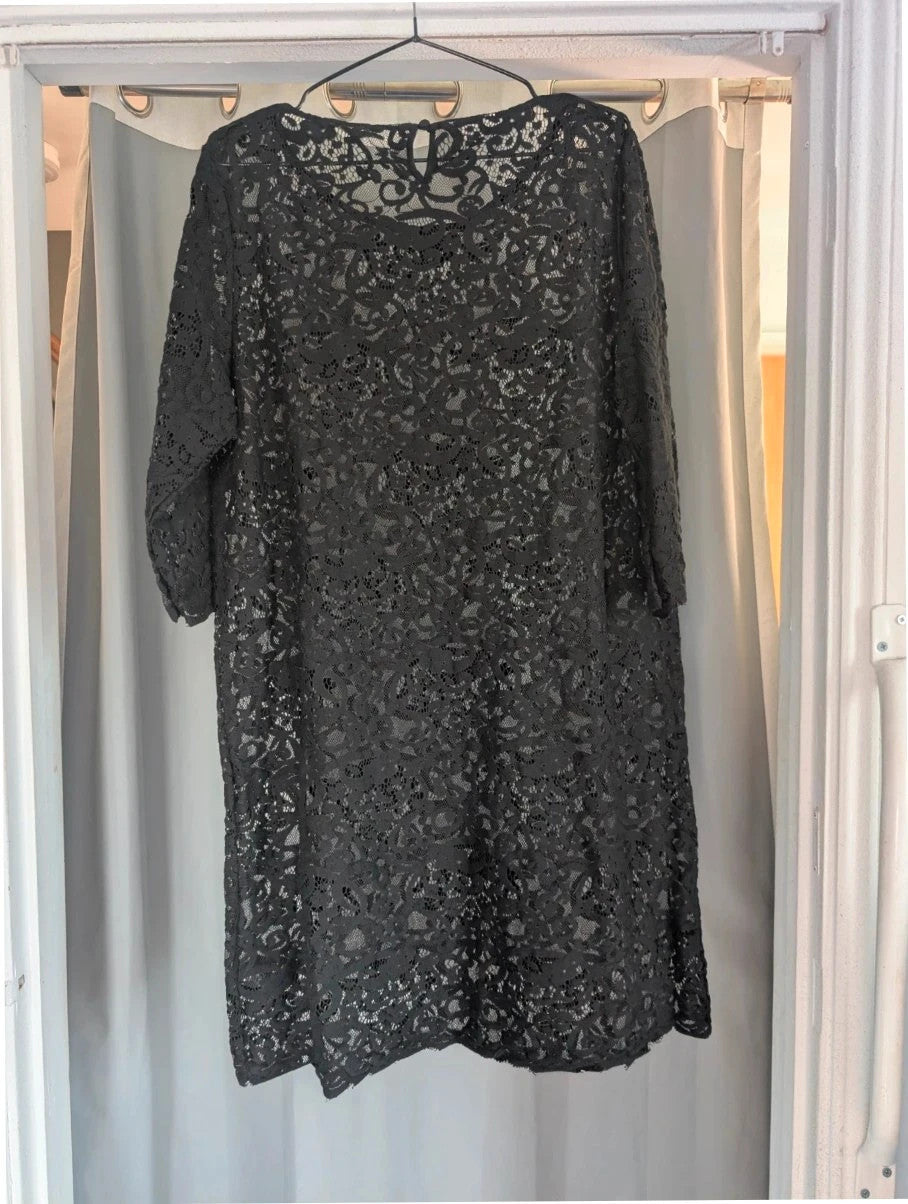 Monsoon black sheer floral lace mini dress with 3/4 sleeves and scoop neckline.