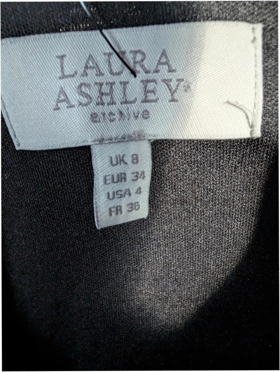 Laura Ashley midi dress black white leaf print, ruched waist, 3/4 sleeves, smooth jersey.