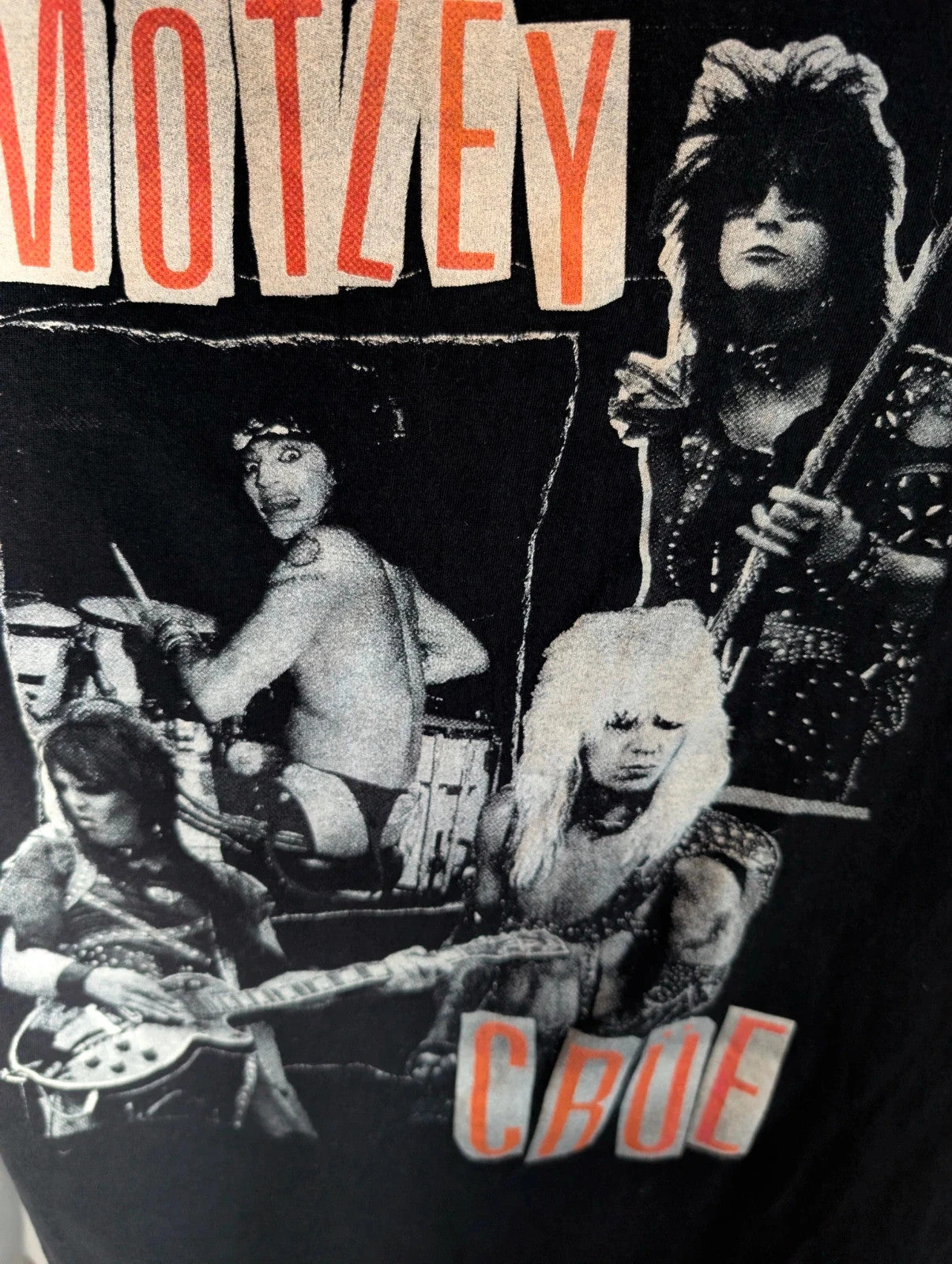 Mötley Crüe black graphic tee featuring retro band collage and red logo lettering.