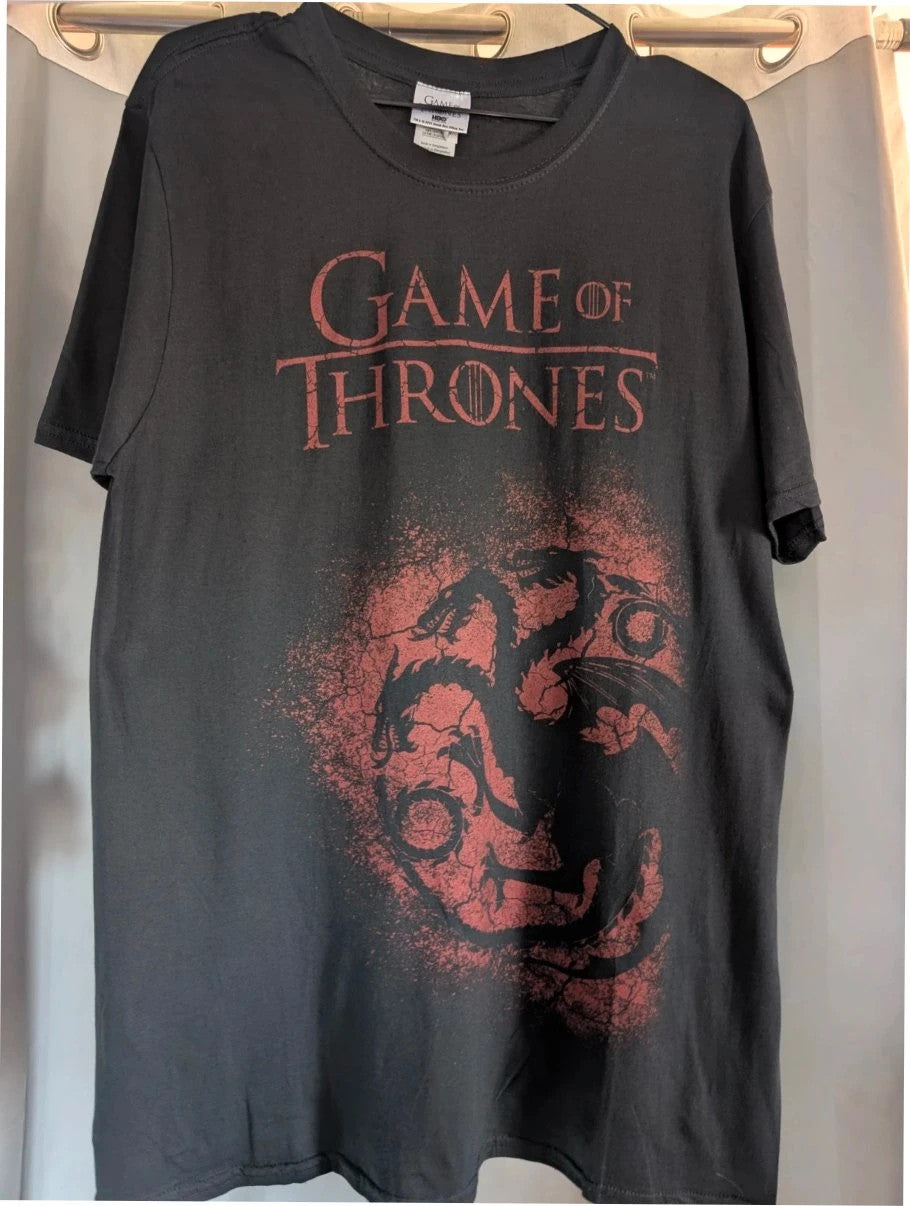 Game Of Thrones black graphic tee featuring distressed red Targaryen dragon sigil.