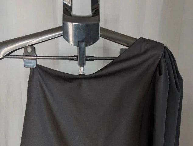Boohoo black one shoulder mini dress with balloon sleeve and gathered wrap detail.