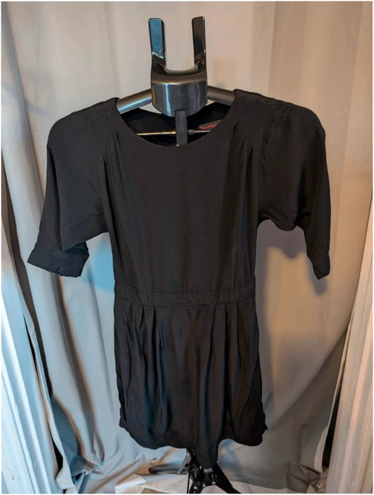 Miss Selfridge black pencil dress with cutout back and button loop fastenings.