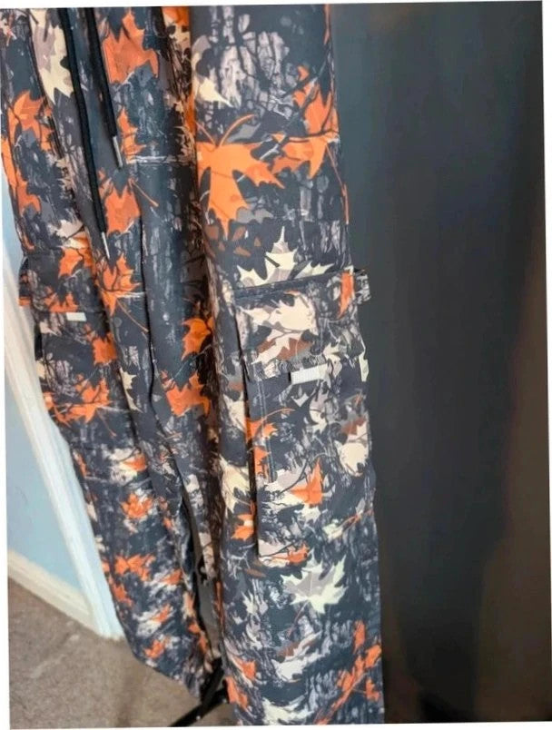 Crafted grey orange leaf camo cargo trousers with multiple pockets and elastic waistband.